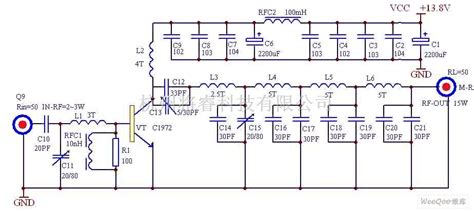 无线发射中的88mhz 108mhz 15w调频发射机高频功放电路图 将睿