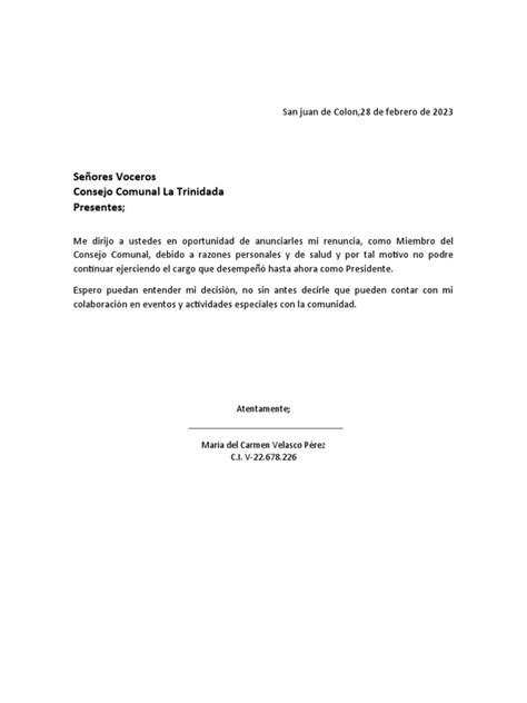 Carta De Renuncia Consejo Comunal Pdf