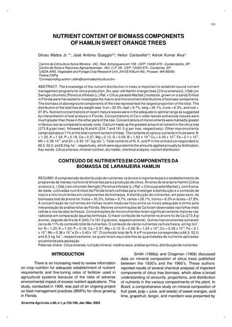 Pdf Nutrient Content Of Biomass Components Of Hamlin Sweet Orange Trees