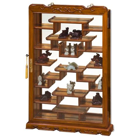 Natural Finish Rosewood Oriental Wall Curio Cabinet Wall Curio