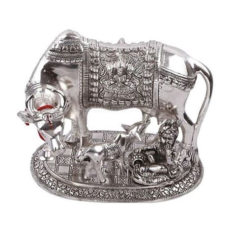 White Metal Kamdhenu Cow Calf Statue With Kanha Ji For Home Wedding