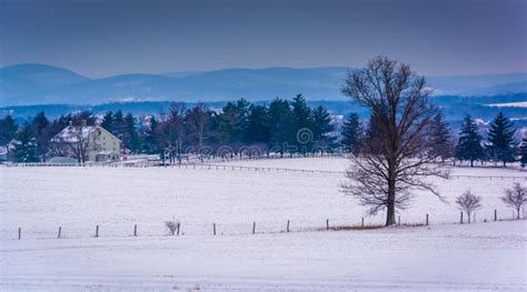 View Of Snow Covered Farm Fields And Distant Mountains From Long Stock