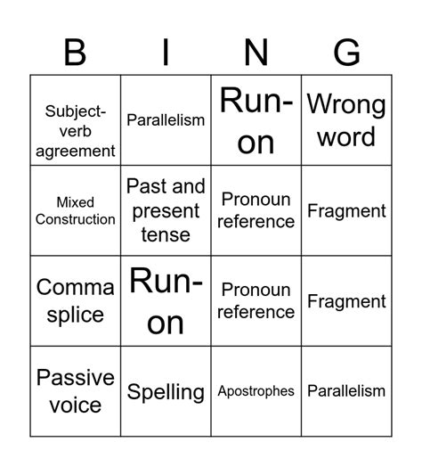 Grammar Bingo Bingo Card