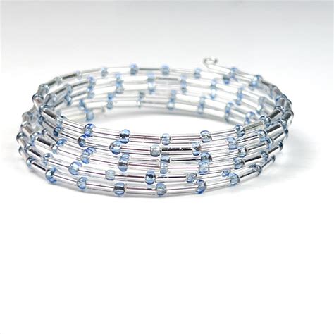 Subtle Stripe Glass Bead Coil Bracelet In Carolina Blue Columbia Blue