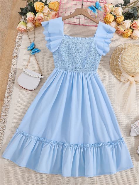 Baby Blue Cute Collar Cap Sleeve Fabric Plain A Line Embellished Slight