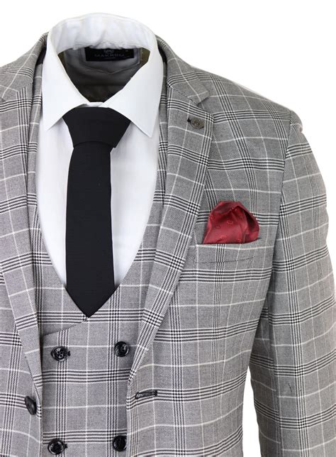 Mens Marc Darcy Grey Prince Of Wales Check Suit Ross Office Wedding