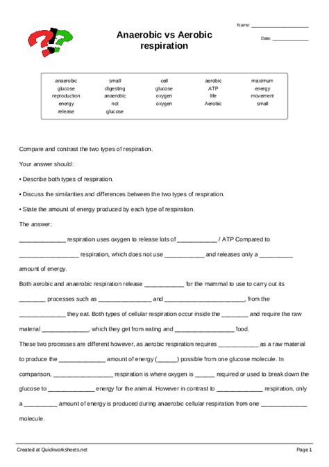 Anaerobic Vs Aerobic Respiration Cloze Test Worksheet Quickworksheets