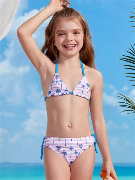 Girls Striped Tropical Print Halter Triangle Bikini Swimsuit SHEIN USA