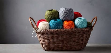 Colorful Assortment Of Yarn Balls In A Woven Basket For Crafting Stock