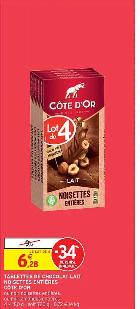 Promo Tablettes De Chocolat Lait Noisettes Entières Côte D or chez