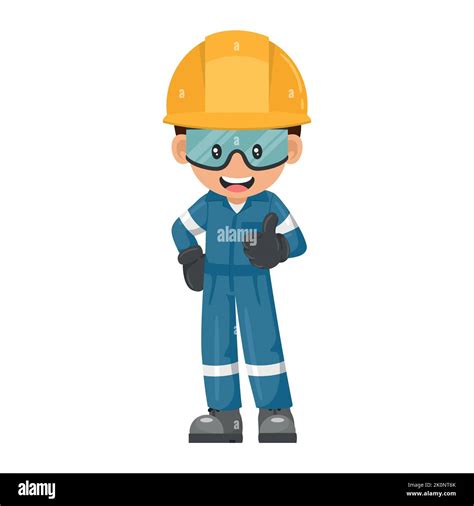 Industrial Worker In Blue Industrial Overalls With Thumb Up Engineer