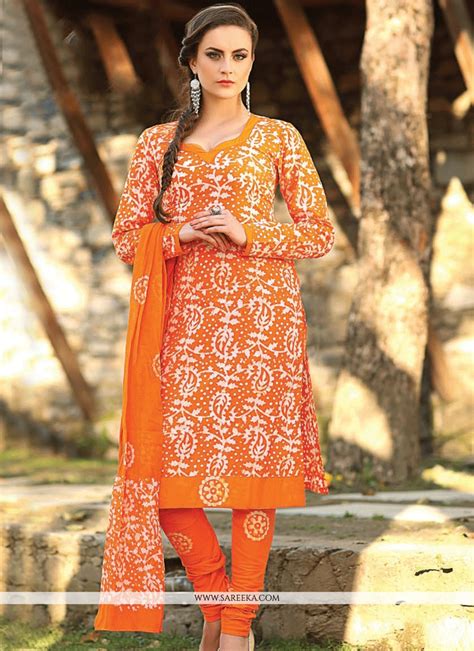Shop Online Cotton Orange Print Work Churidar Suit 63845