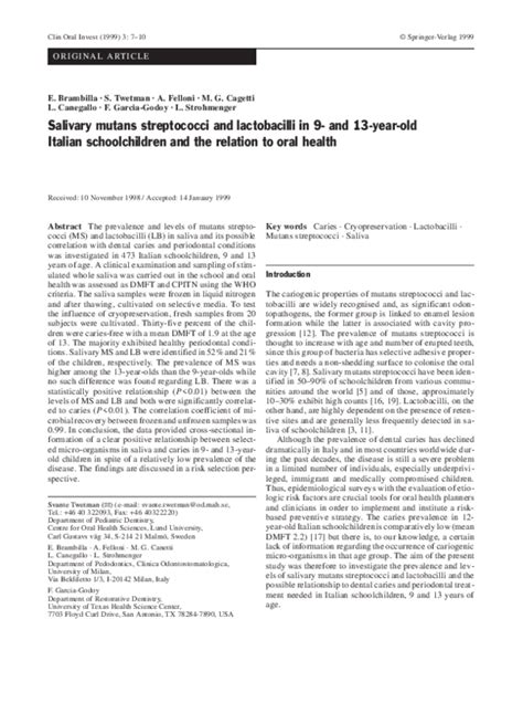 Pdf Salivary Mutans Streptococci And Lactobacilli Levels After