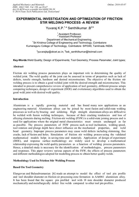 Experimental Investigation And Optimization Of Friction Stir Welding Process A Review