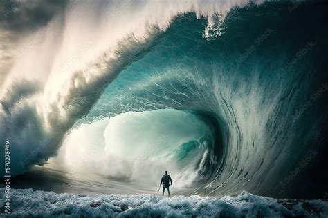 Alone Person Stands Firm And Fearless In Front Of A Huge Tsunami Ocean