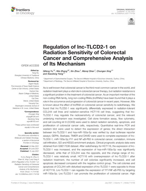 PDF Regulation Of Lnc TLCD2 1 On Radiation Sensitivity Of Colorectal