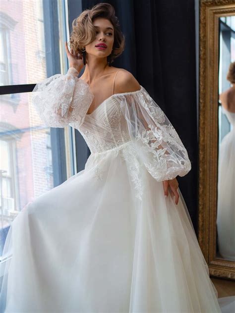 Strapless A Line Wedding Dress With Long Puffy Sleeves