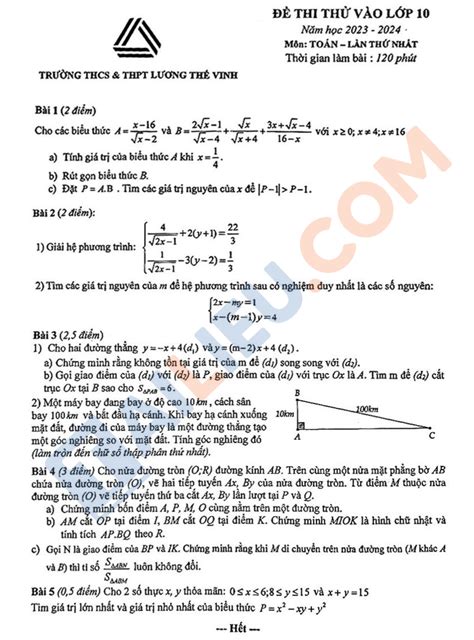 Đề thi thử vào 10 môn Toán lần 1 năm 2023 2024 trường Lương Thế Vinh