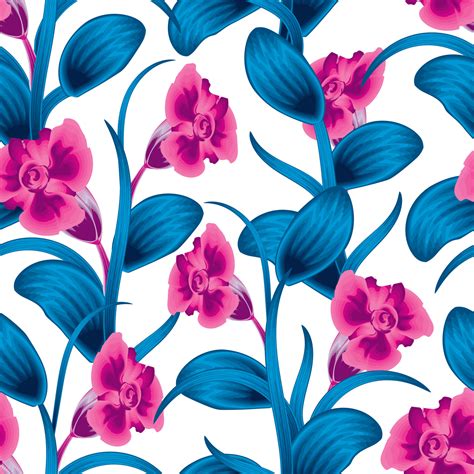 Abstract Pink Flower With Blue Leaves Tropical Seamless Pattern On Light Background Floral