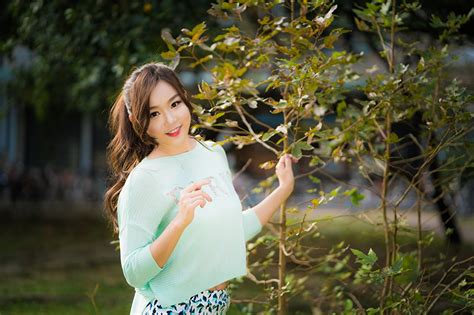 Picture Brown Haired Smile Bokeh Girls Asian Hands Branches Glance