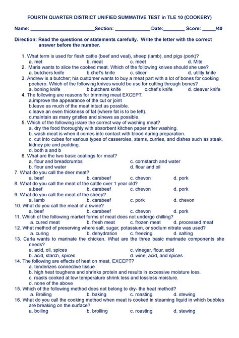 St Cookery Q Summative Test Fourth Quarter District Unified