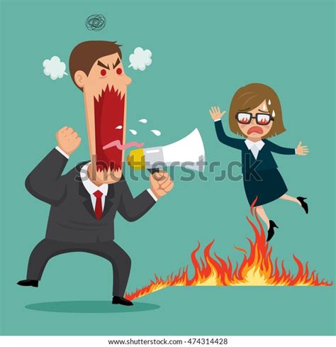 Angry Boss Screaming On Fire Burning At Female Employee Vector