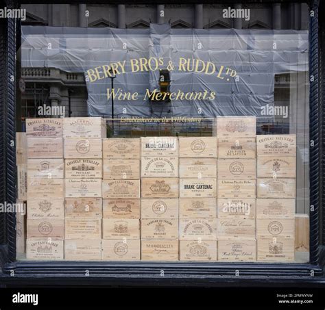 Fine Wine Cases Stacked In Window Display Of Berry Brothers And Rudd Ltd