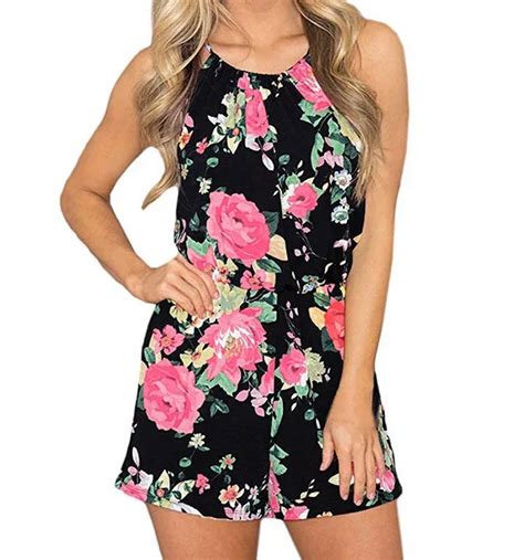 Women Polyester Lace Up Sleeveless Floral Print Bandage Shorts Romper