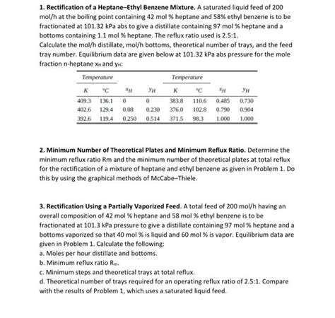 Solved 1 Rectification Of A Heptane Ethyl Benzene Mixture Chegg
