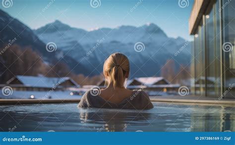 Woman Sitting In A Hot Tub With Snowy Mountains In The Background Stock Illustration