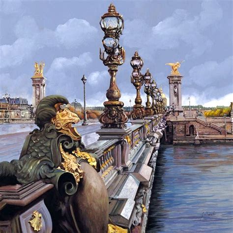 A Painting Of A Man Sitting On A Bench Next To A River And Lampposts