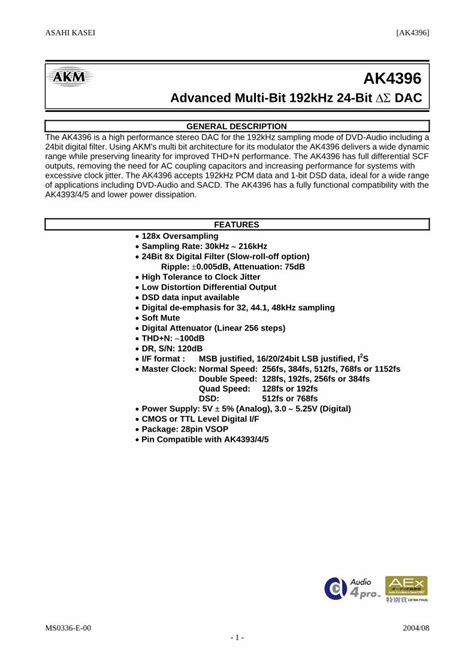 PDF Advanced Multi Bit 192kHz 24 Bit ΔΣ DAC ASAHI KASEI AK4396