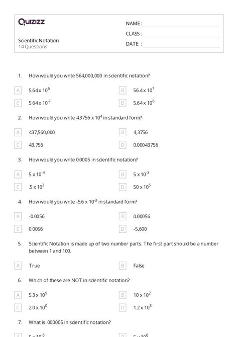 Scientific Notation Worksheets For Th Grade On Quizizz Free