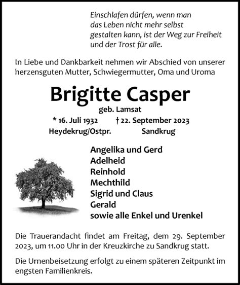 Traueranzeigen Von Brigitte Casper Nordwest Trauer De