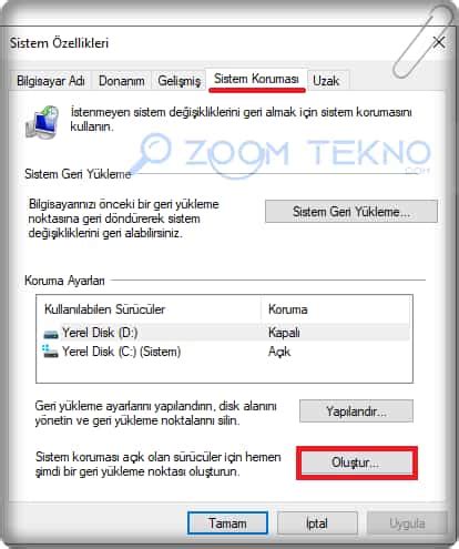 Windows da 5 Adımda Sistem Geri Yükleme Noktası Oluşturma ZOOMTEKNO