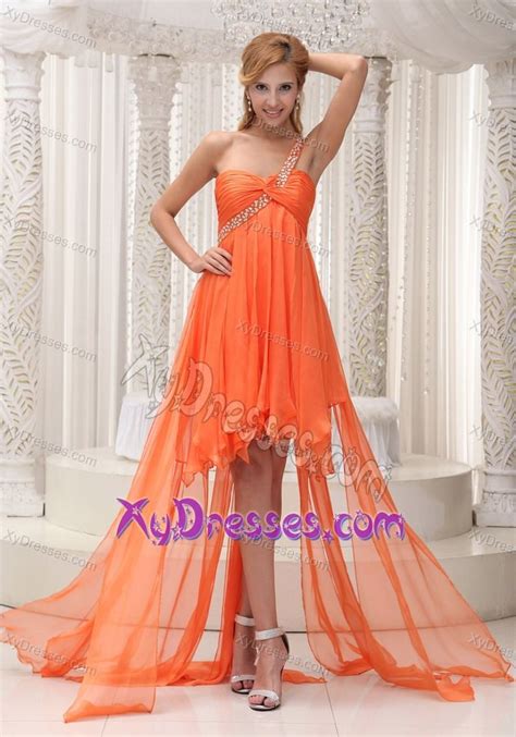 One Shoulder Beading High Low Orange Provocative Prom Dresses For Fall