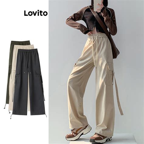 Lovito Women Casual Plain Drawstring Pocket Pants Lne Shopee