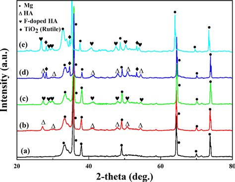 The XRD Patterns Of A Uncoated B HA C F Doped HA D HA TiO2 And E