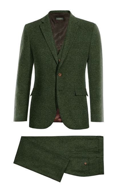 Traje Tres Piezas Verde Bosque De Tweed Herringbone