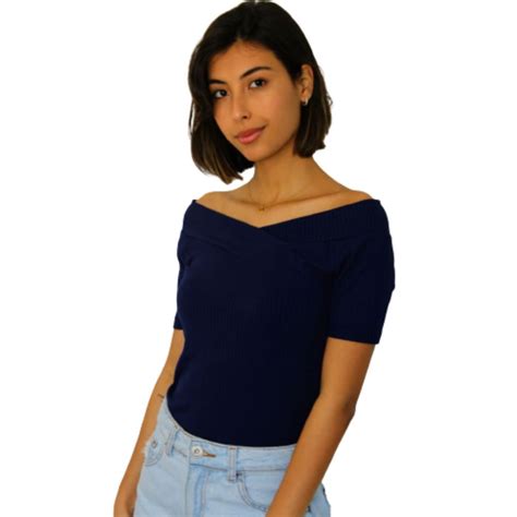 Blusa Blusinha Feminina Canelada Azul Marinho Ombro Ombro Manga Curta