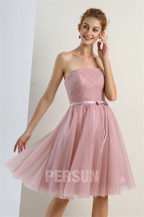 Robe Cocktail Mariage Rose Carnation Bustier Droit En Tulle Jmrouge Fr