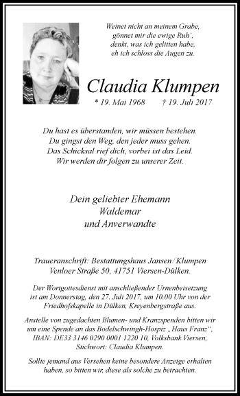 Traueranzeigen Von Claudia Klumpen Trauer Und Gedenken