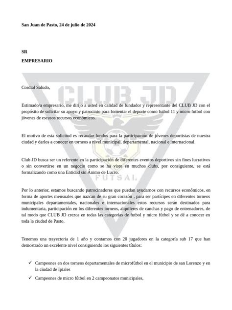 Modelo De Carta De Patrocinio Deportivo Pdf Asociación De Futbol