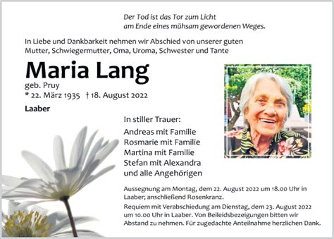 Traueranzeigen Von Maria Lang Mittelbayerische Trauer