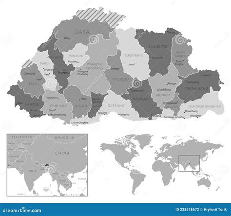 Mapa Blanco Y Negro Altamente Detallado De Bhutan Ilustración del