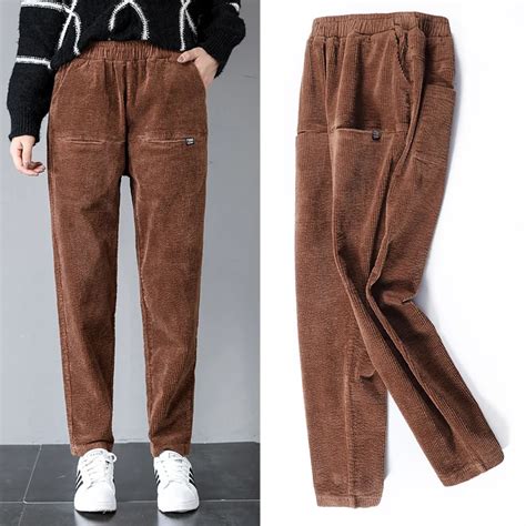 Corduroy Harem Pants Women High Elastic Waist Pockets Trousers For