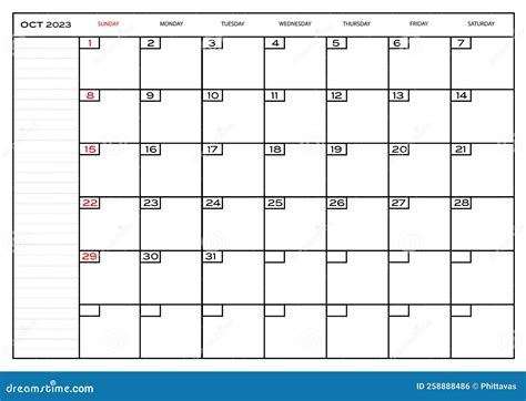 Calendario Mensual Octubre De 2023 Planner Stock De Ilustración Ilustración De Semanal Cita