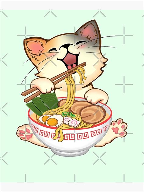 Póster Gato comiendo ramen fideos lindos de GreenSplash Redbubble