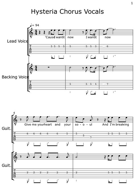 Hysteria Chorus Vocals Sheet Music For Classical Guitar