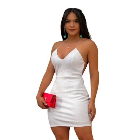 Vestido de Balada Branco Paetê Curto Bojo Decote Costas